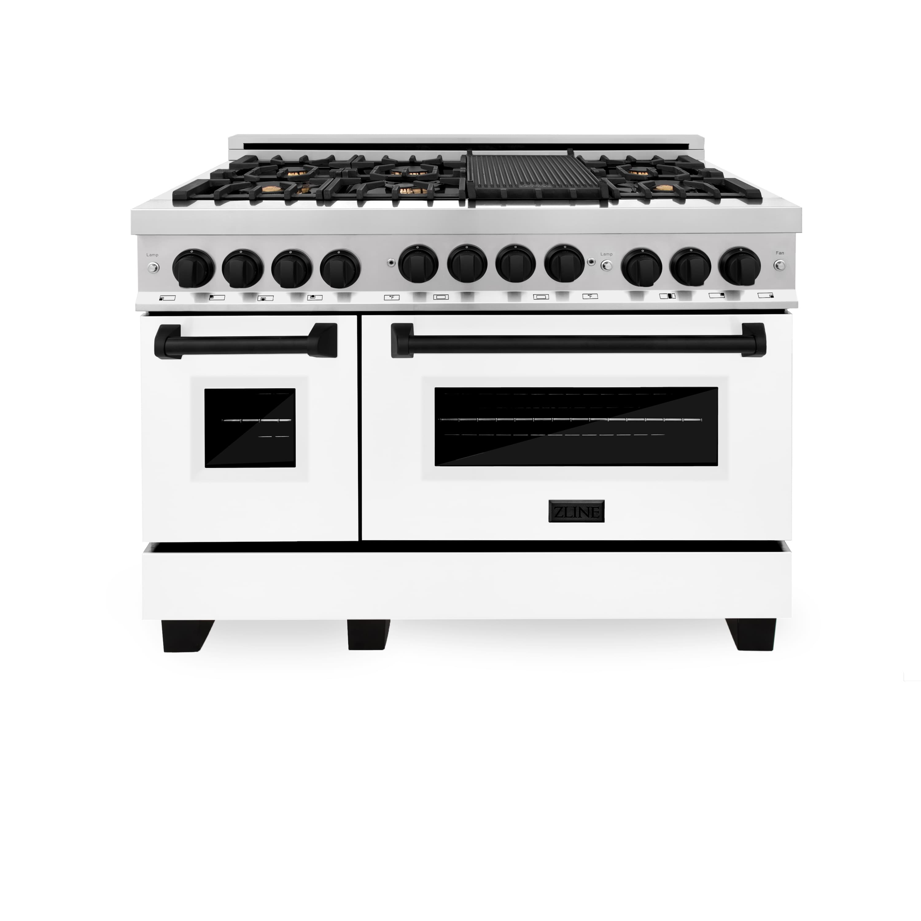 White freestanding gas range with black grates and two oven doors, front view
