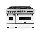 ZLINE Autograph Edition 4-Piece Appliance Package - 48-Inch Stainless Steel Gas Range, Refrigerator with Water Dispenser, Wall Mounted Range Hood, & 24-Inch Tall Tub Dishwasher in White Matte and Matte Black Accents (4AKPR-SGRWMRHDWM48-MB)