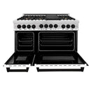 ZLINE Autograph Edition 4-Piece Appliance Package - 48-Inch Stainless Steel Gas Range, Refrigerator with Water Dispenser, Wall Mounted Range Hood, & 24-Inch Tall Tub Dishwasher in White Matte and Matte Black Accents (4AKPR-SGRWMRHDWM48-MB)