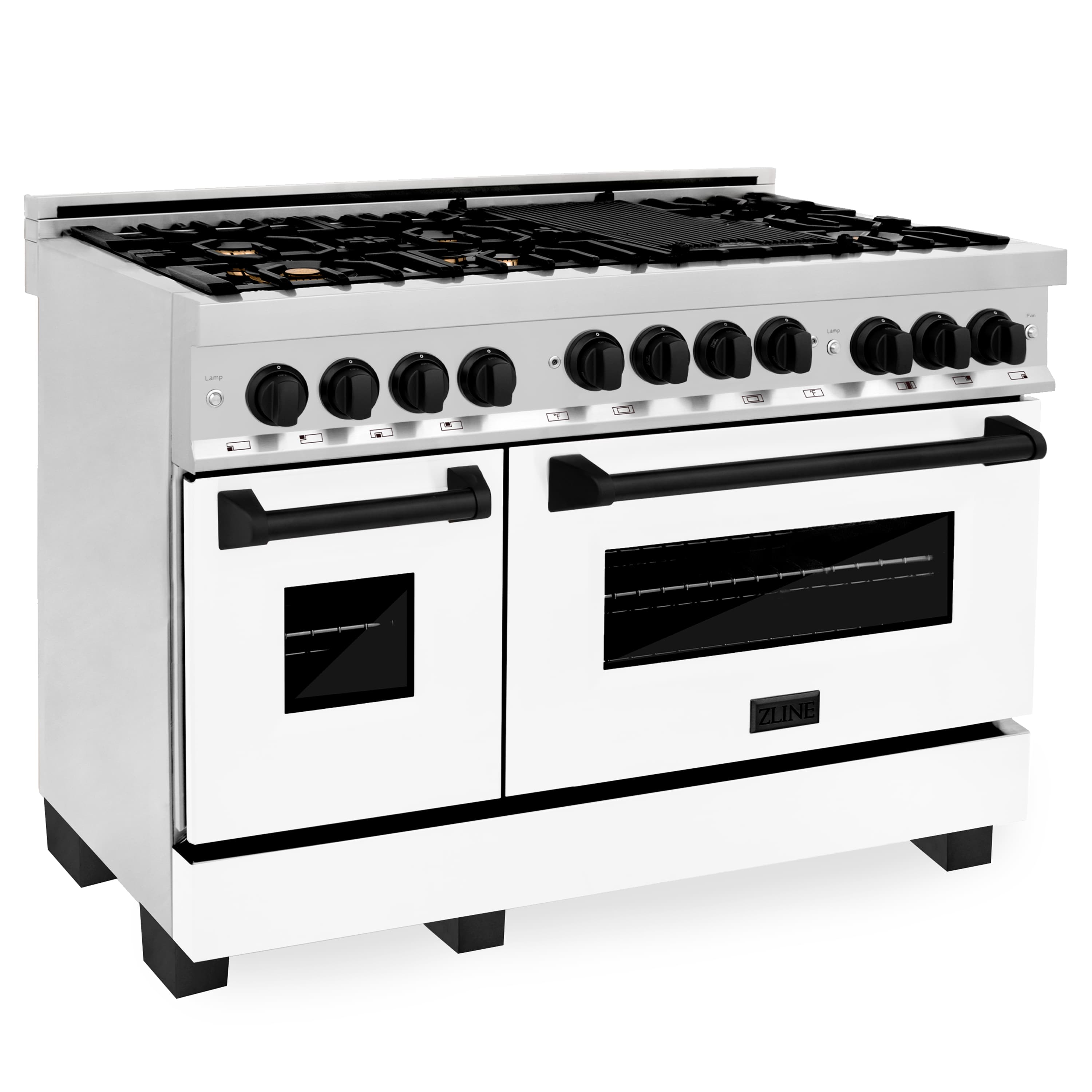 White gas range with black burner grates and control knobs, angled front view