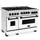 ZLINE Autograph Edition 4-Piece Appliance Package - 48-Inch Stainless Steel Gas Range, Refrigerator with Water Dispenser, Wall Mounted Range Hood, & 24-Inch Tall Tub Dishwasher in White Matte and Matte Black Accents (4AKPR-SGRWMRHDWM48-MB)