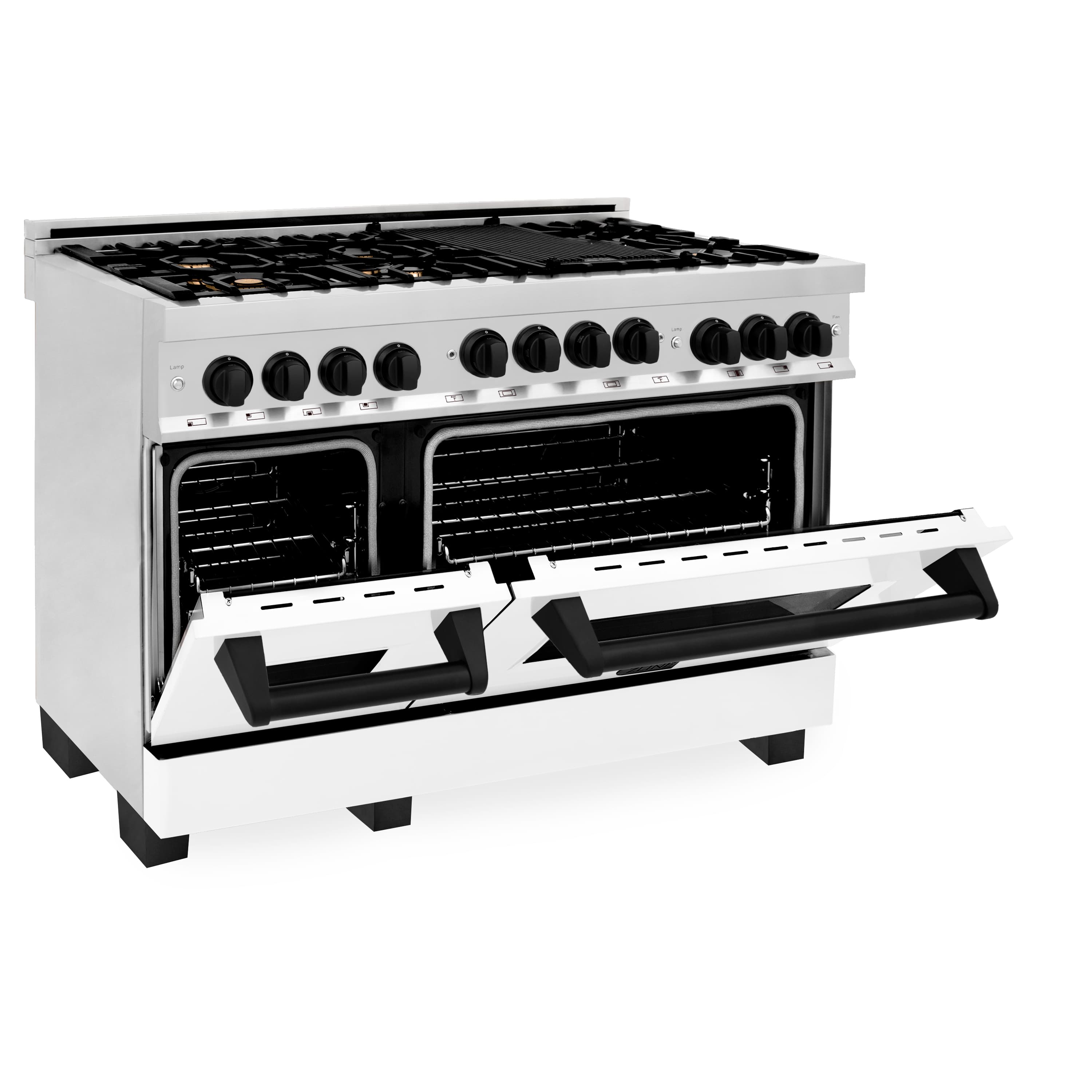 White gas range with oven doors open and broiler drawer extended