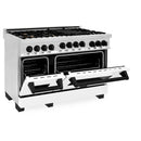 ZLINE Autograph Edition 4-Piece Appliance Package - 48-Inch Stainless Steel Gas Range, Refrigerator with Water Dispenser, Wall Mounted Range Hood, & 24-Inch Tall Tub Dishwasher in White Matte and Matte Black Accents (4AKPR-SGRWMRHDWM48-MB)