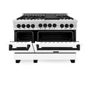 ZLINE Autograph Edition 4-Piece Appliance Package - 48-Inch Stainless Steel Gas Range, Refrigerator with Water Dispenser, Wall Mounted Range Hood, & 24-Inch Tall Tub Dishwasher in White Matte and Matte Black Accents (4AKPR-SGRWMRHDWM48-MB)
