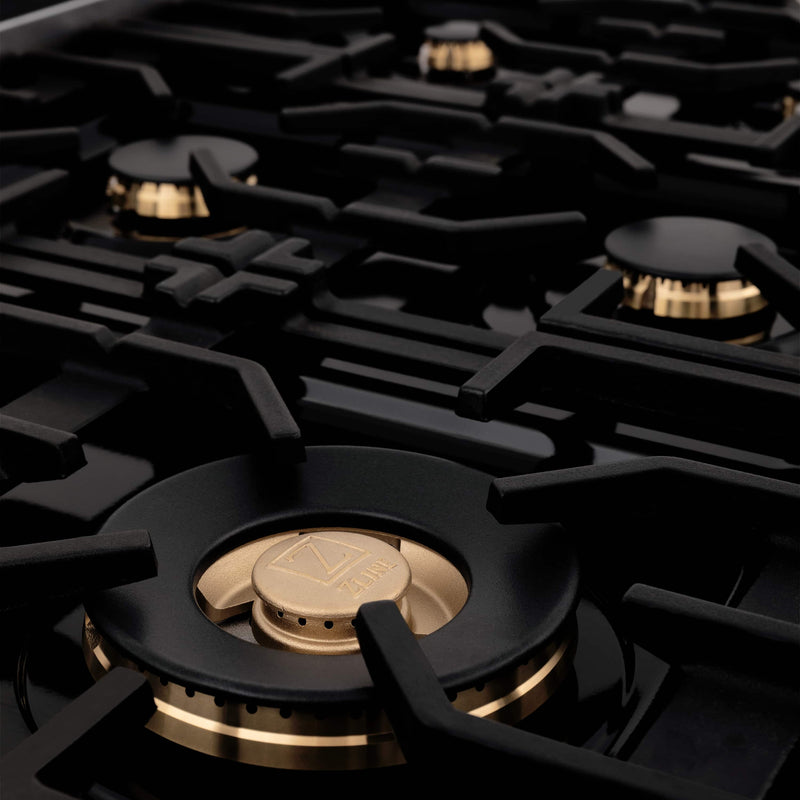 ZLINE Autograph Edition 48" Porcelain Rangetop with 7 Gas Burners in Black Stainless Steel and Gold Accents (RTBZ-48-G) Rangetops ZLINE 