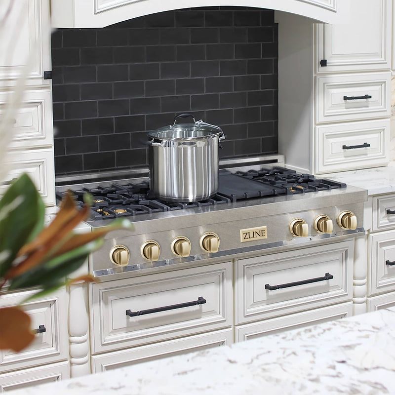 ZLINE Autograph Edition 48" Porcelain Rangetop with 7 Gas Burners in DuraSnow® Stainless Steel and Gold Accents (RTSZ-48-G) Rangetops ZLINE 
