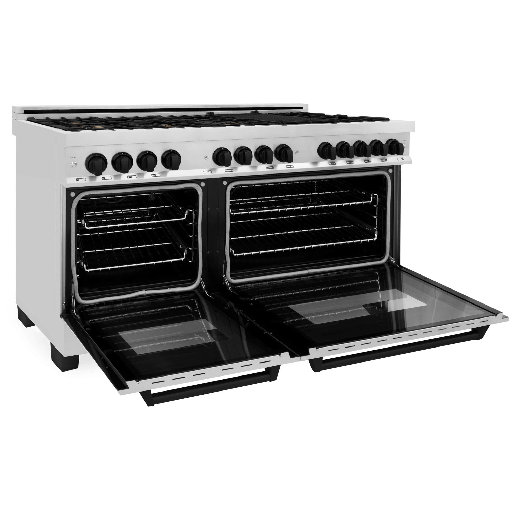 Dual-fuel range with both ovens open, black racks and grates visible, matte black controls
