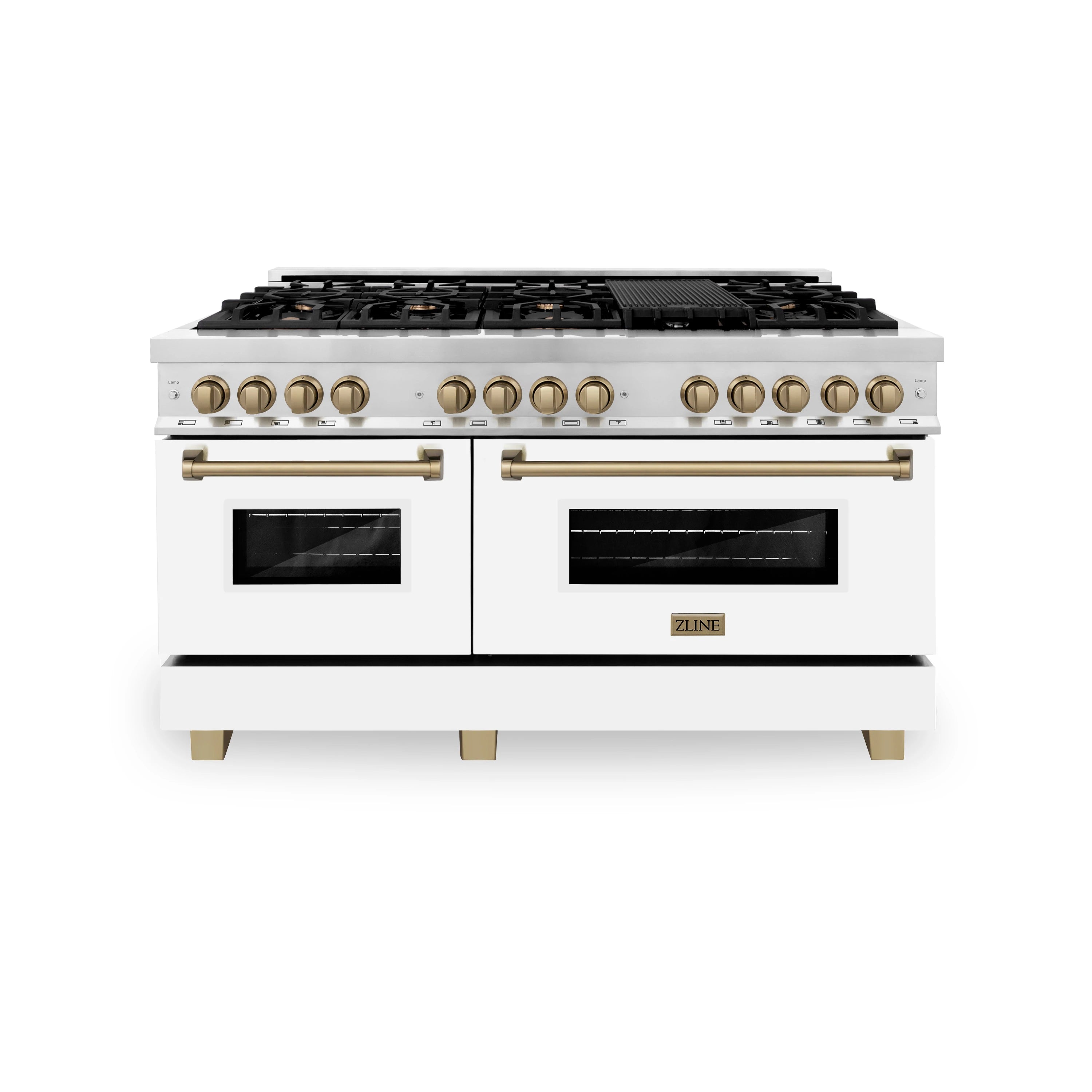 Dual fuel range with stainless finish, white doors, bronze knobs, and black oven windows