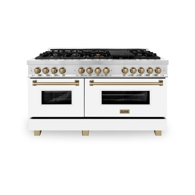 ZLINE Autograph Edition 60" 7.4 cu. ft. Dual Fuel Range with Gas Stove and Electric Oven in Stainless Steel with White Matte Door and Champagne Bronze Accents (RAZ-WM-60-CB) Ranges ZLINE 