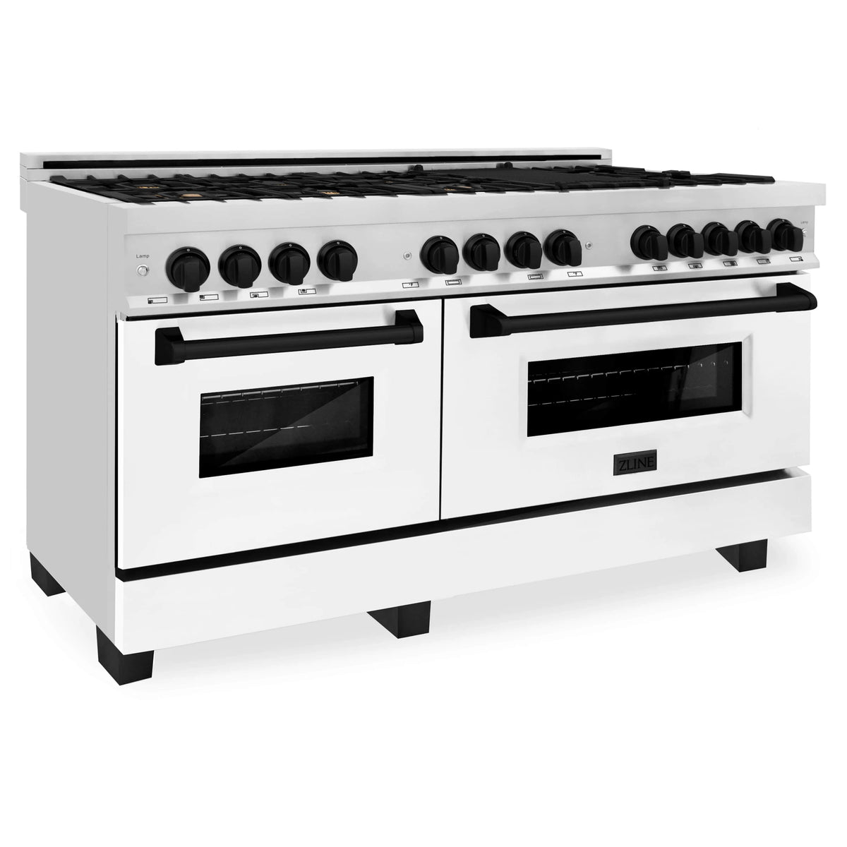 White dual fuel range with stainless trim, black knobs, and two oven windows