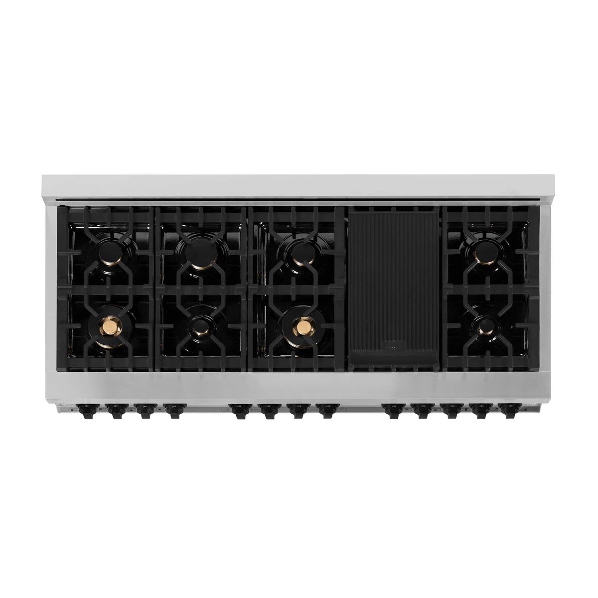 Black gas burner grates with control covers under a white range cooktop frame
