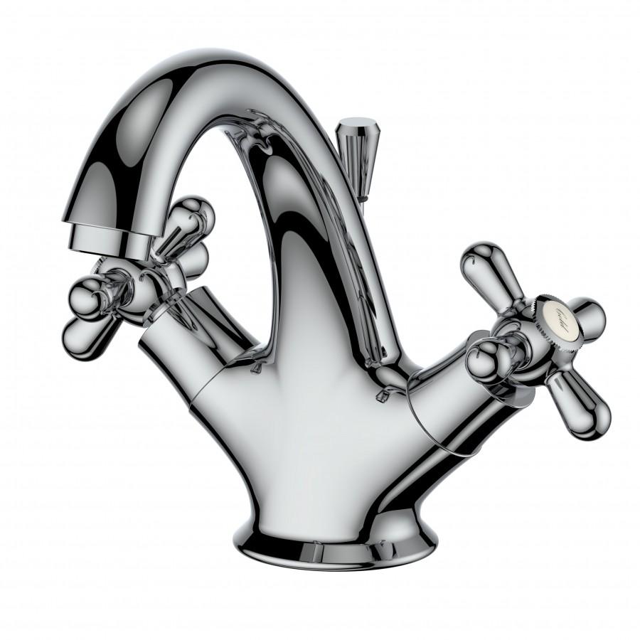 Chrome bath faucet with arched spout and two cross handles, close-up