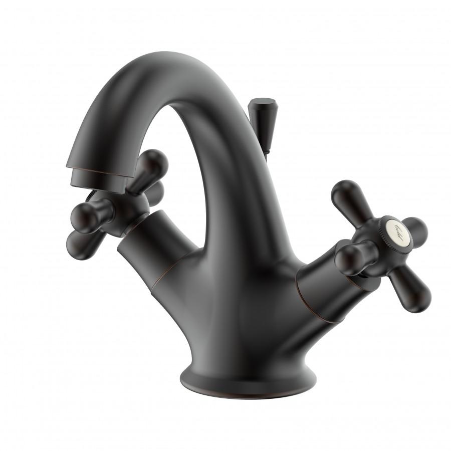 Oil-rubbed bronze bath faucet with arched spout and two cross handles