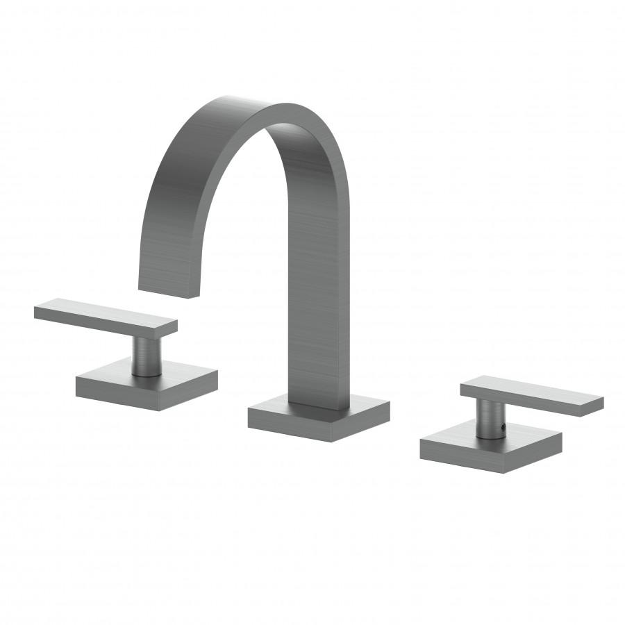 Gun metal widespread bathroom faucet set with tall curved spout and two side handles