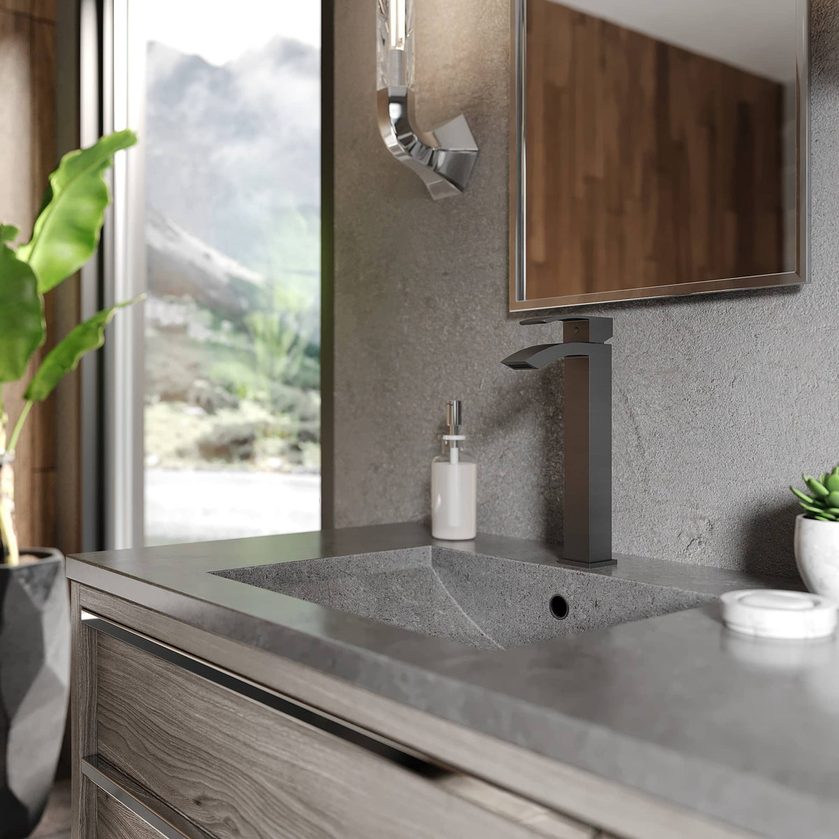 Gun metal bathroom faucet with tall curved spout and single lever handle