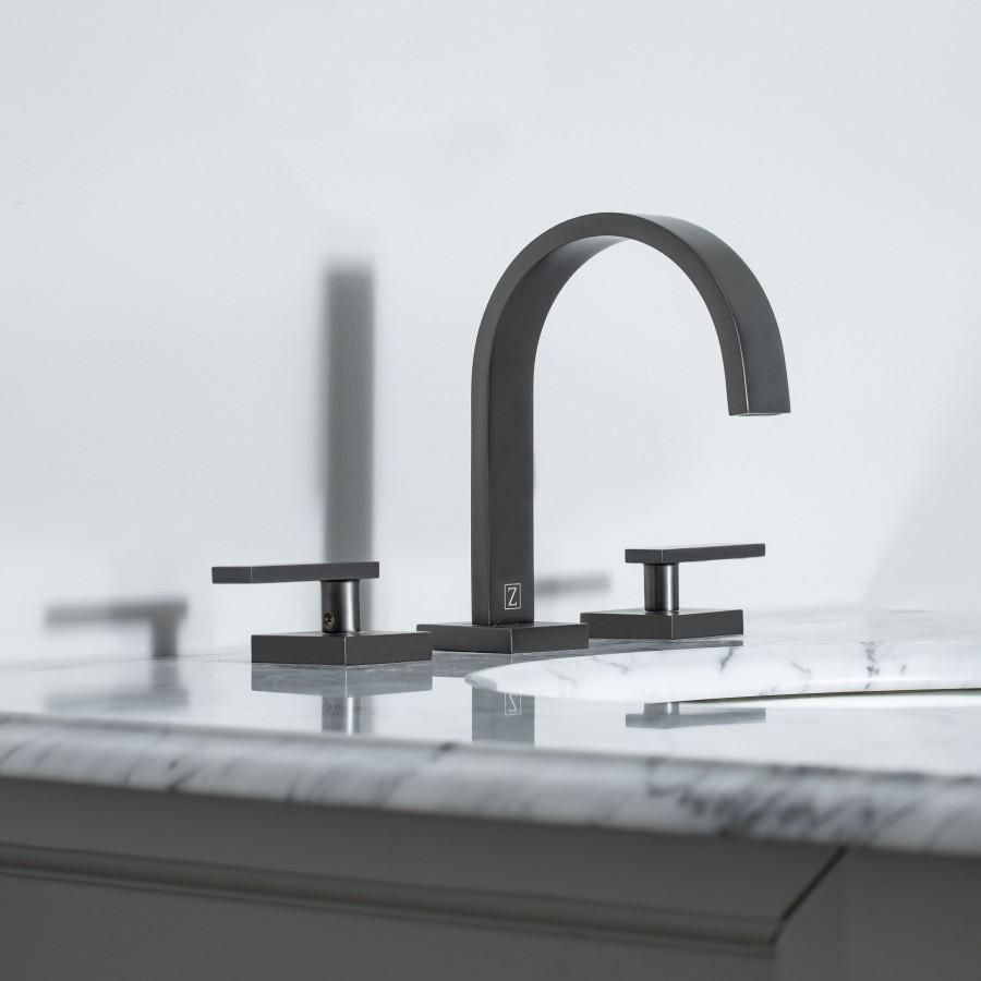 Gun metal widespread bathroom faucet with tall curved spout and two cross handles