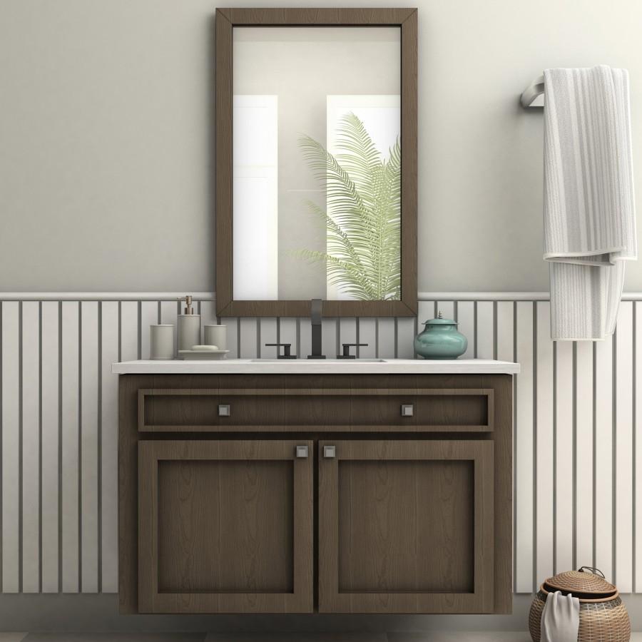Matte black widespread bath faucet on vanity with tall spout and two handles