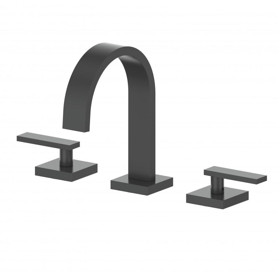 Matte black widespread bath faucet set with arched spout and two side handles