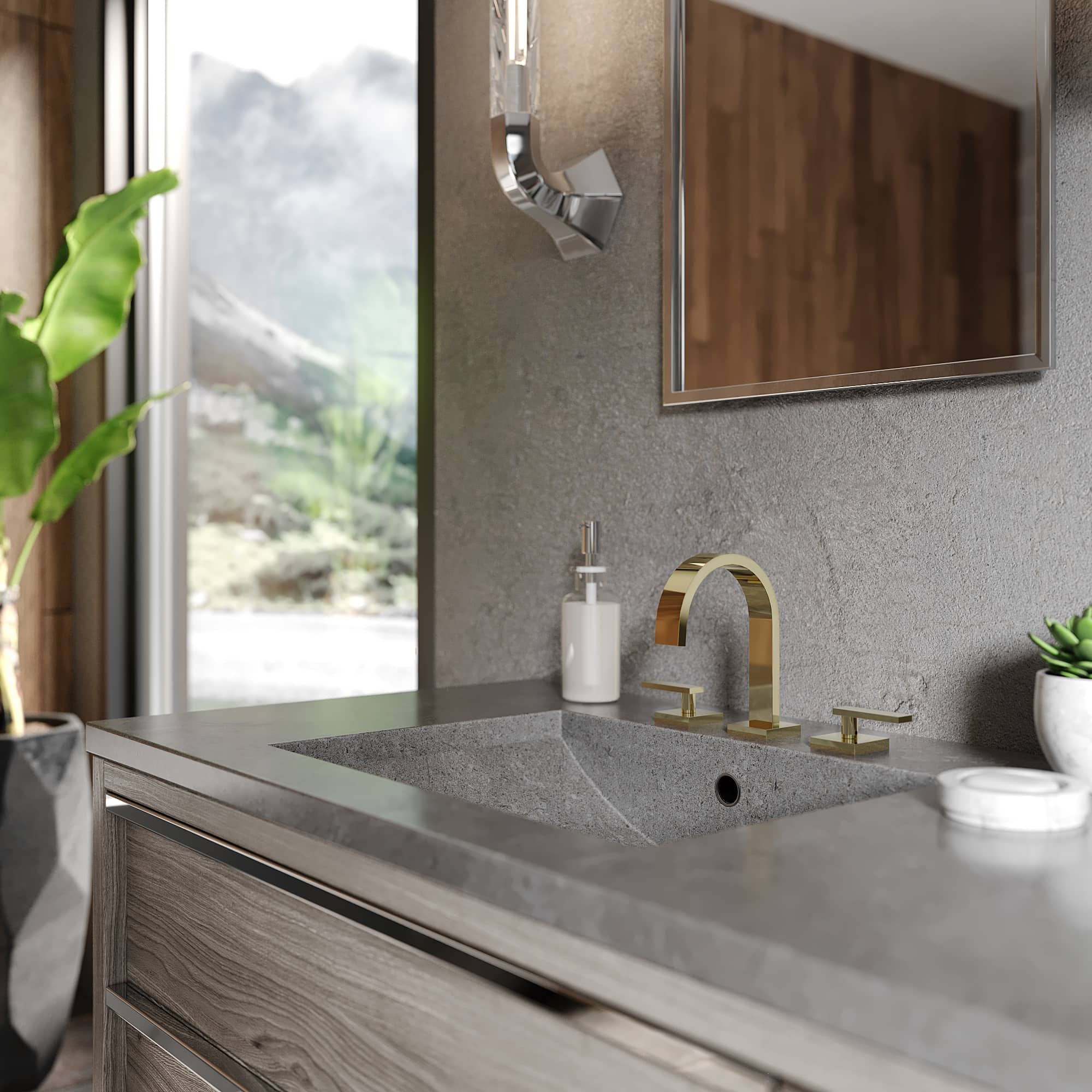 Bath faucet in polished gold, curved spout single handle on deck-mount base