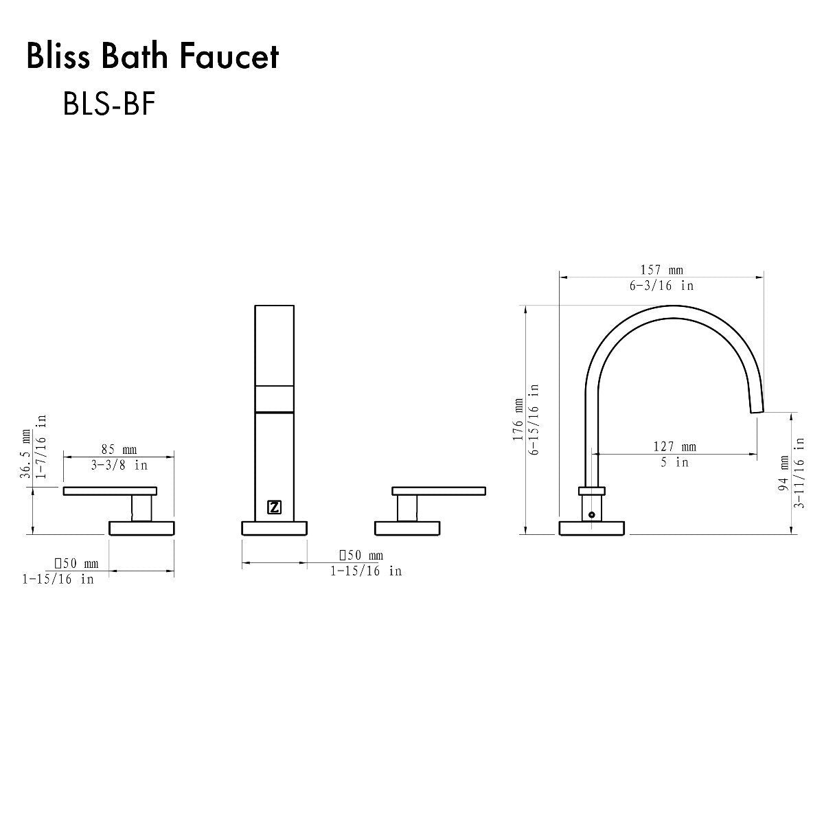 Polished gold bath faucet line art with measurements, deck-mount handles