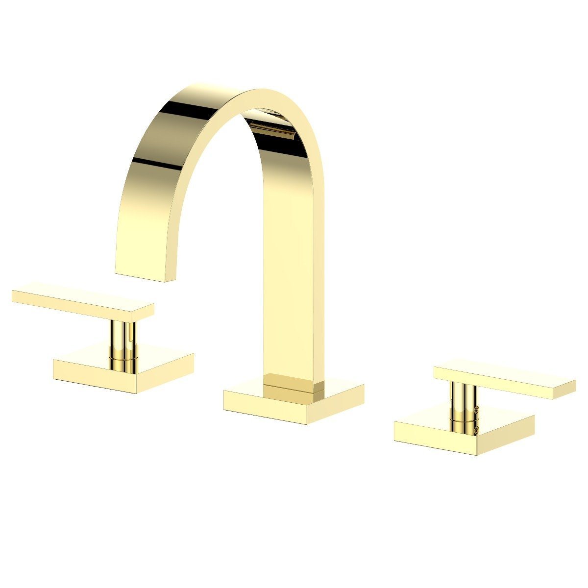 Polished gold bath faucet with arched spout and matching side handles, deck-mount
