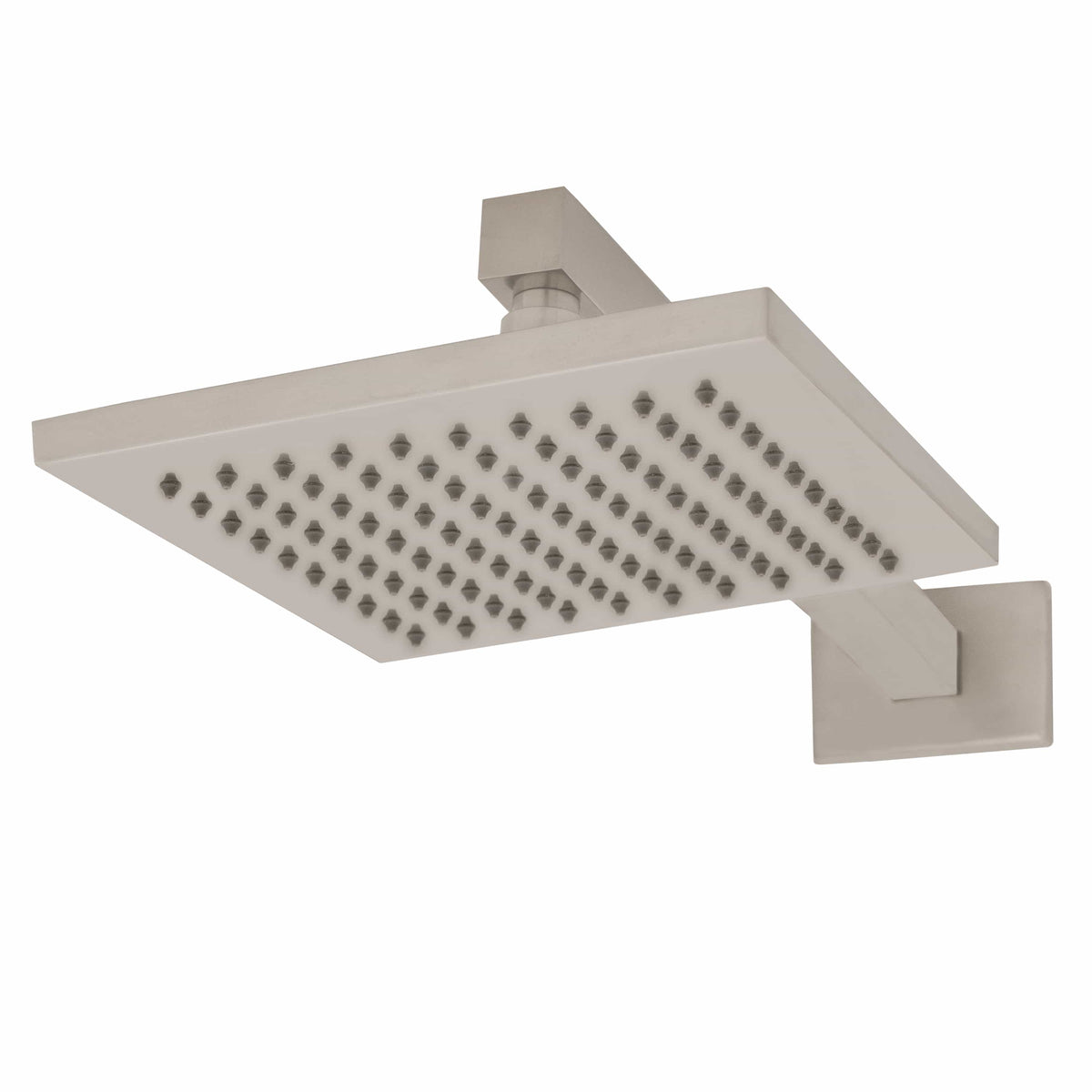 Brushed nickel rain shower head with rectangular face and multiple spray nozzles