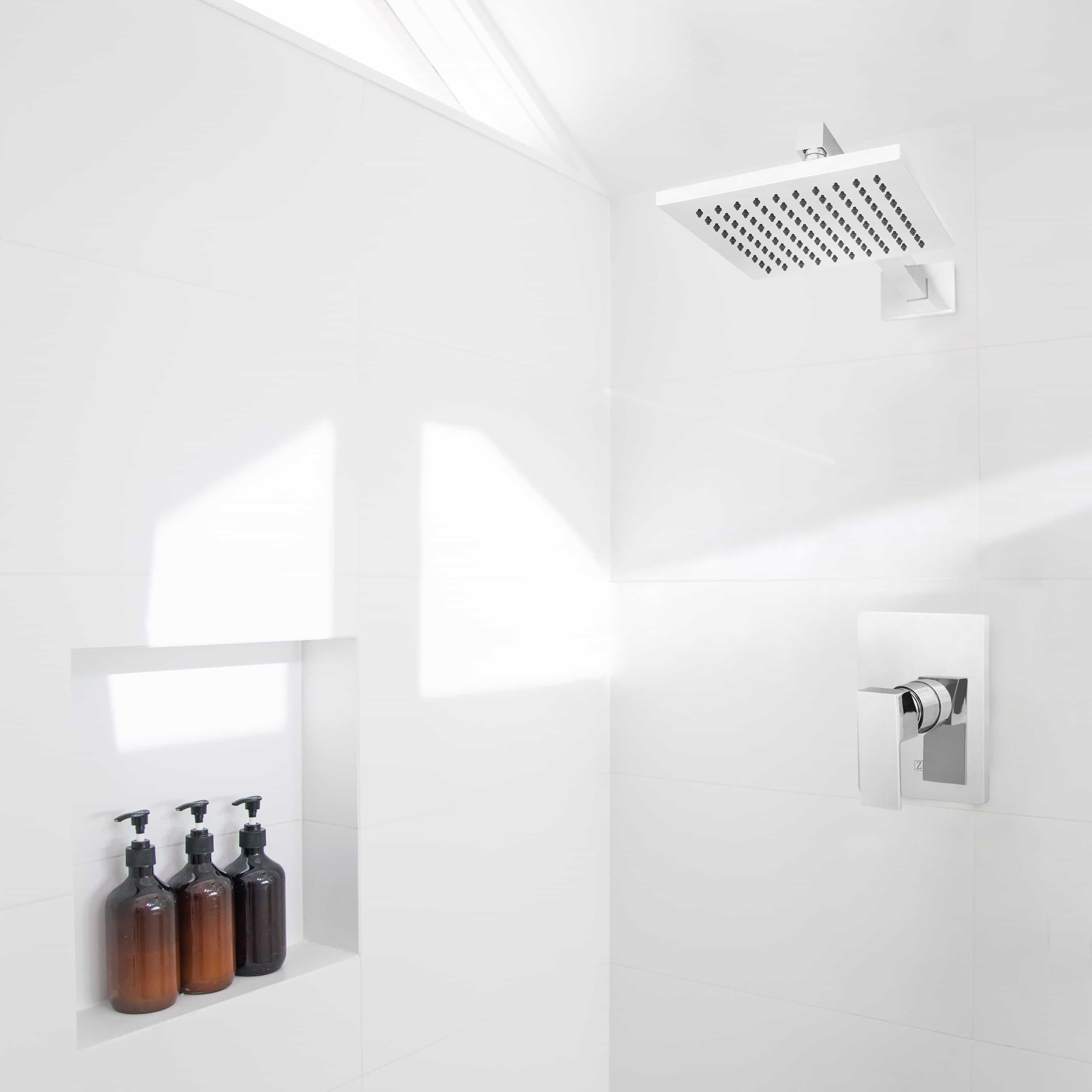 Chrome shower faucet with square wall control and overhead rain showerhead