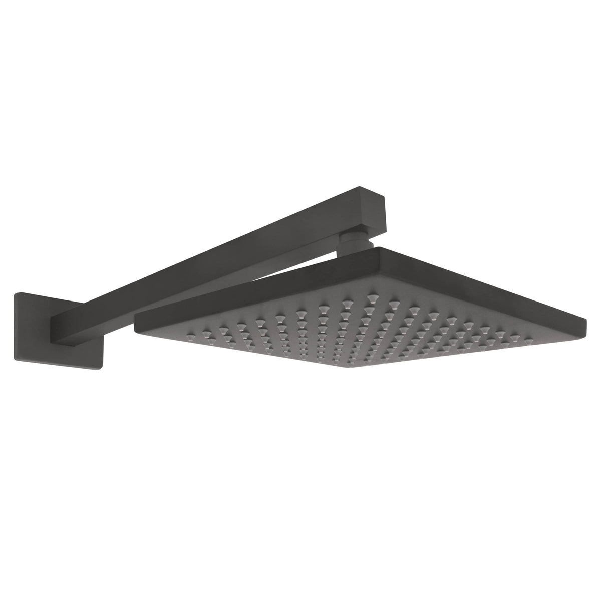 Gun metal overhead showerhead with wall-mounted arm and trim bracket