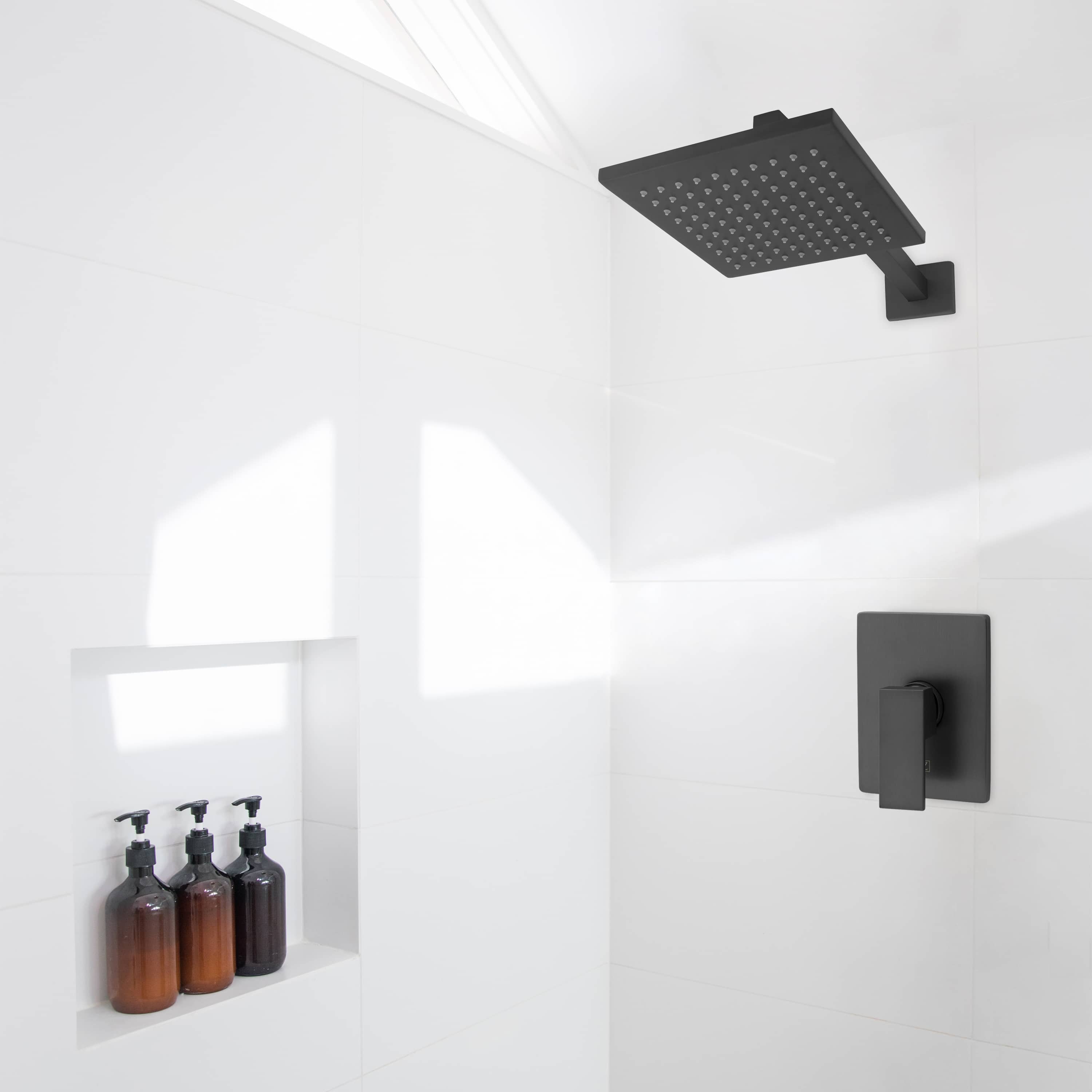 Gun metal wall-mounted shower system with overhead showerhead and control