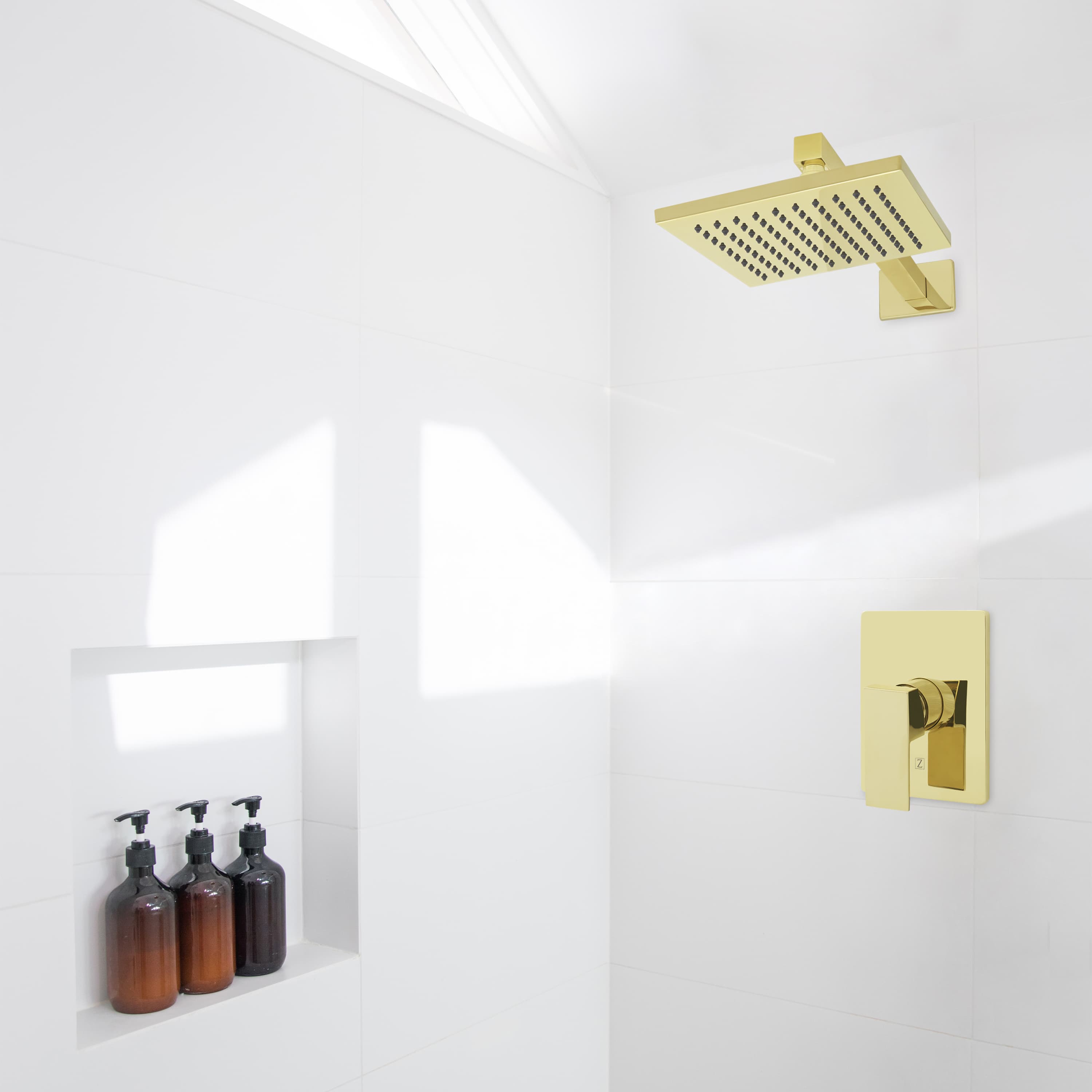 Polished gold shower faucet set with overhead rain head and wall control