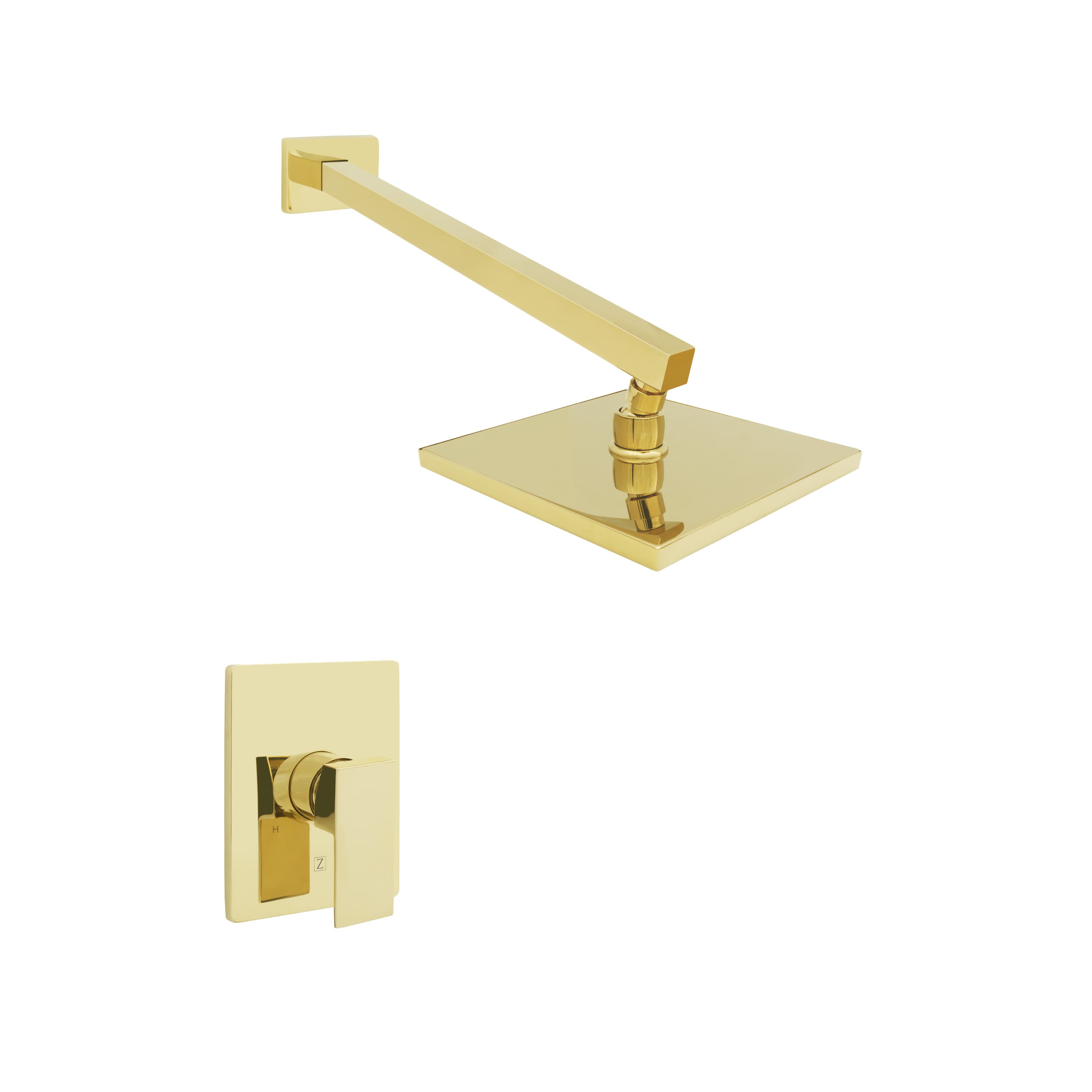 Polished gold shower faucet with wall-mounted lever and square escutcheon plate