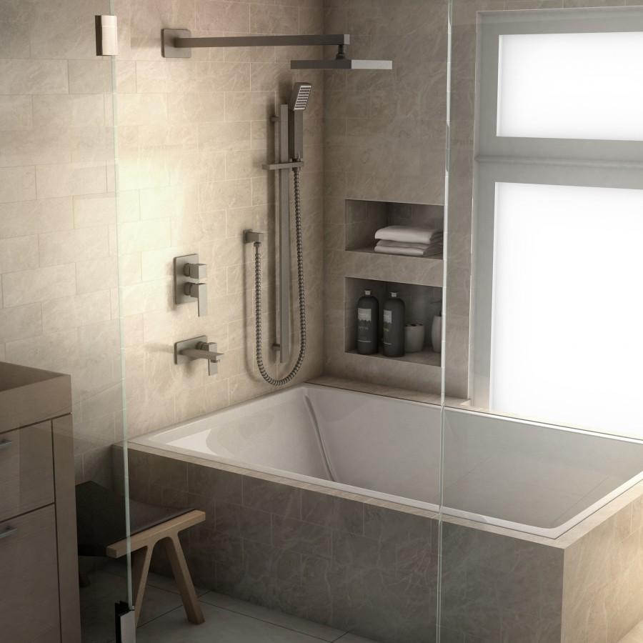 Gun metal shower system trim with overhead square head, handheld wand, and hose.