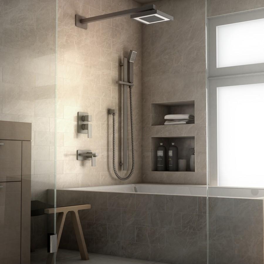 Gun metal shower system with overhead square head, handheld wand, and flexible hose.