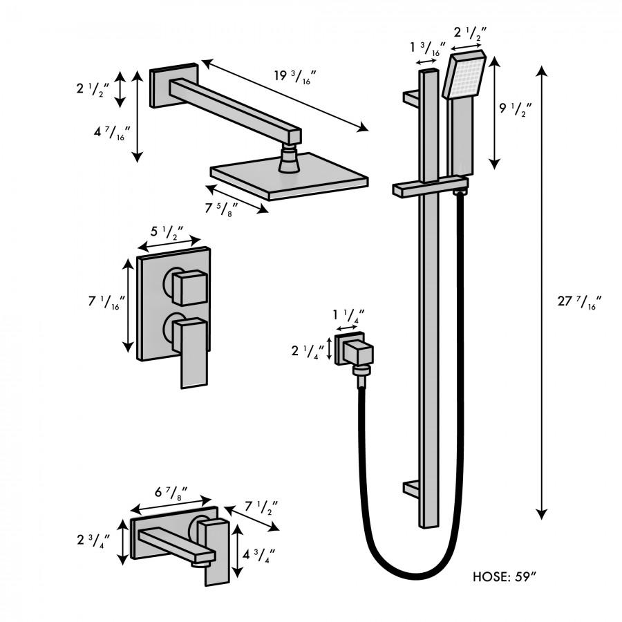 Gun metal shower system parts diagram with dimensions and 59 in hose.