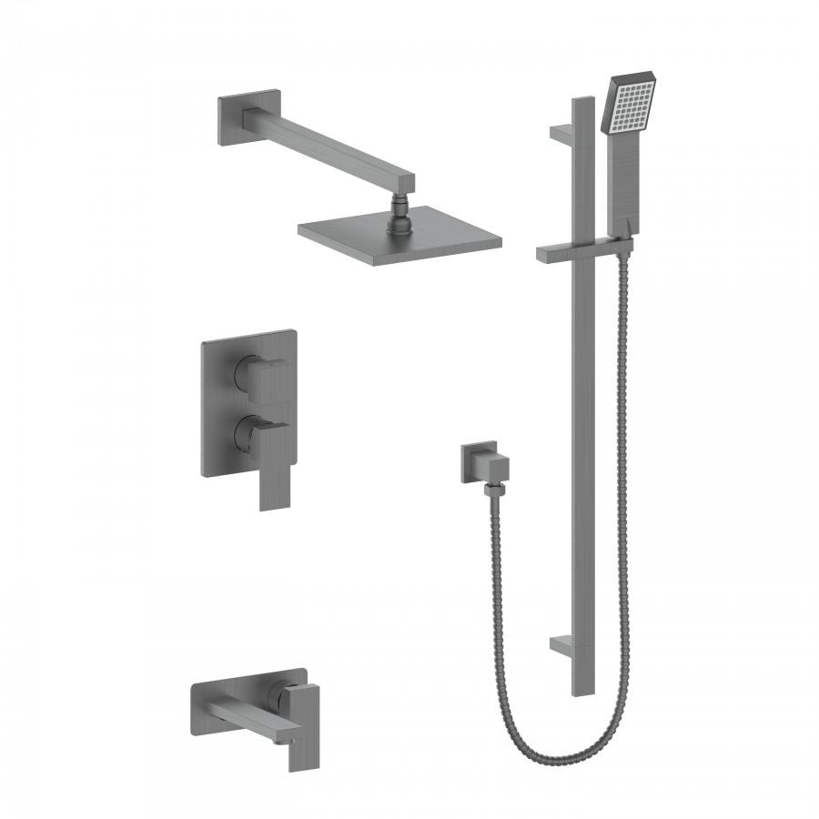 Gun metal shower system with wall-mounted faucet, handheld shower, and flexible hose.
