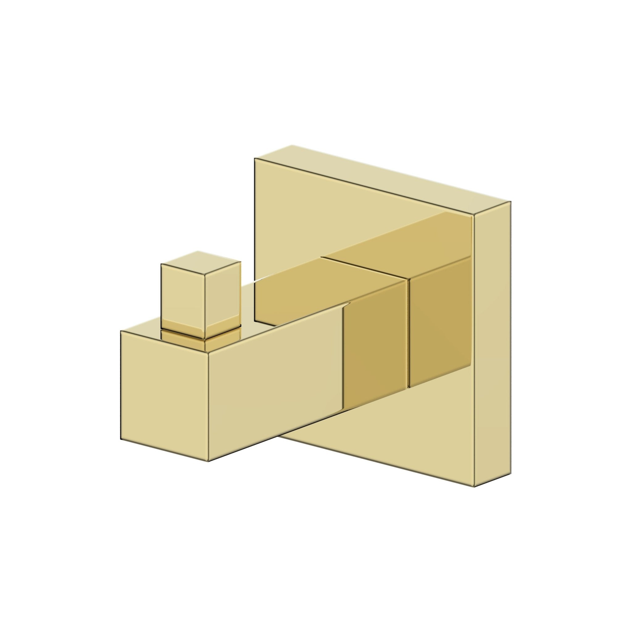 Polished gold towel hook with protruding bar and block-style backplate, angled view