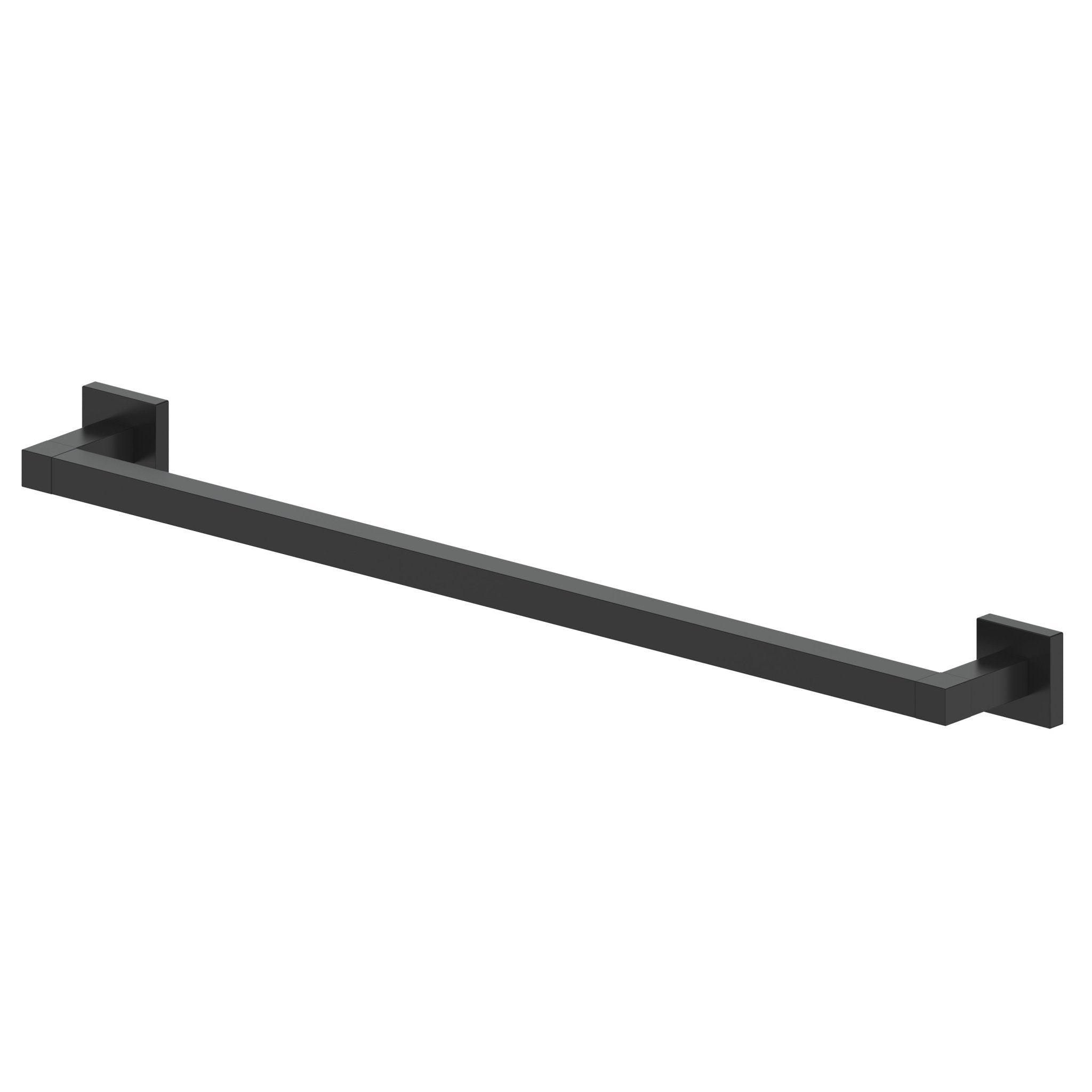 Matte black towel rail with long horizontal bar and square end brackets.