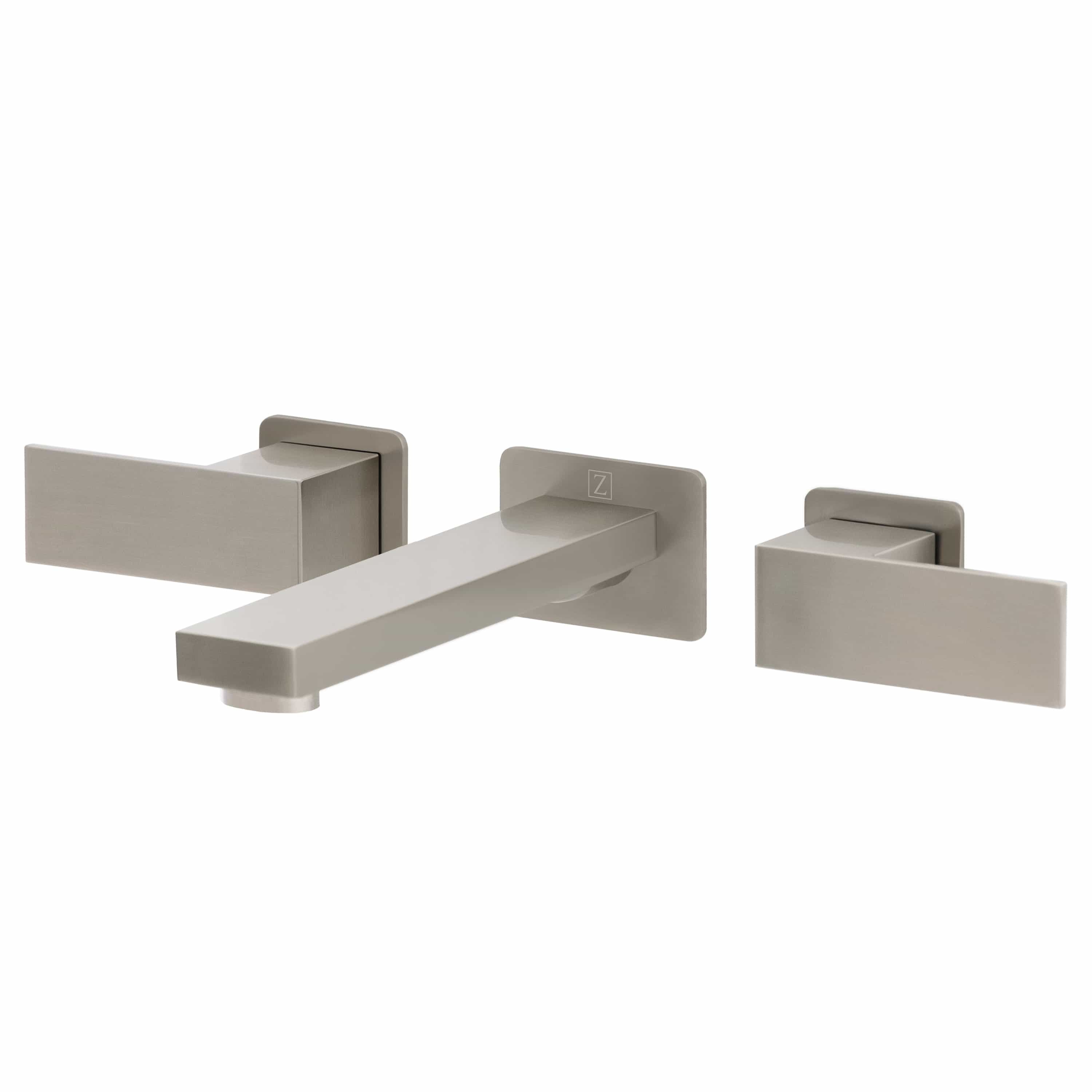 Wall-mount bath faucet with rectangular handles, brushed nickel finish.