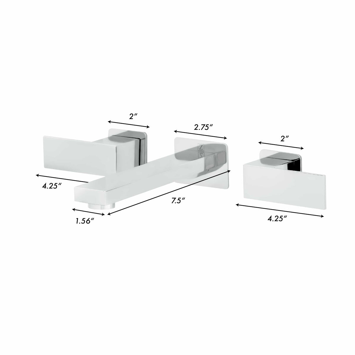 Chrome wall-mount faucet shown with dimensions, lever handle and wide spout