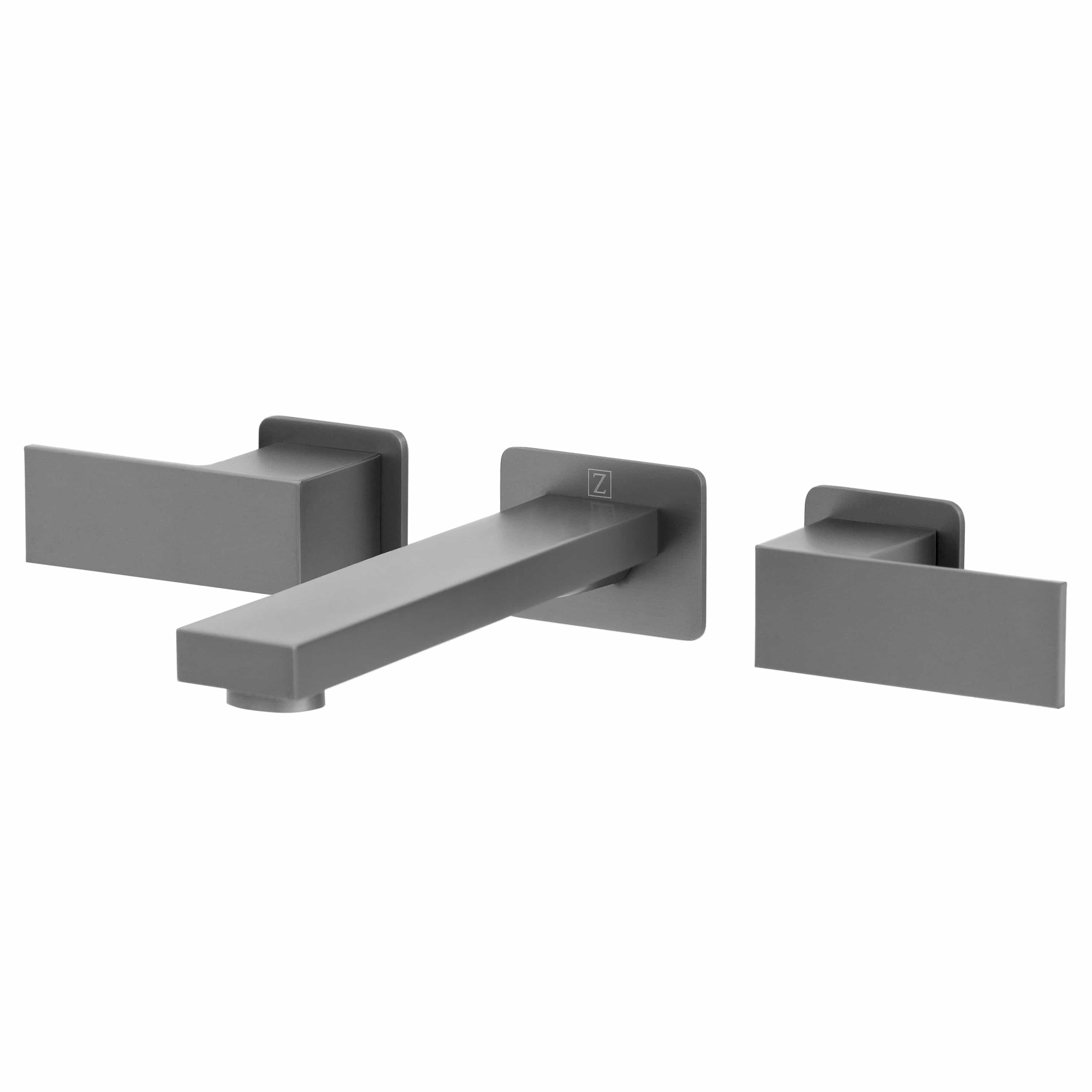 Matte gun metal wall-mount bath faucet with rectangular spout and handles