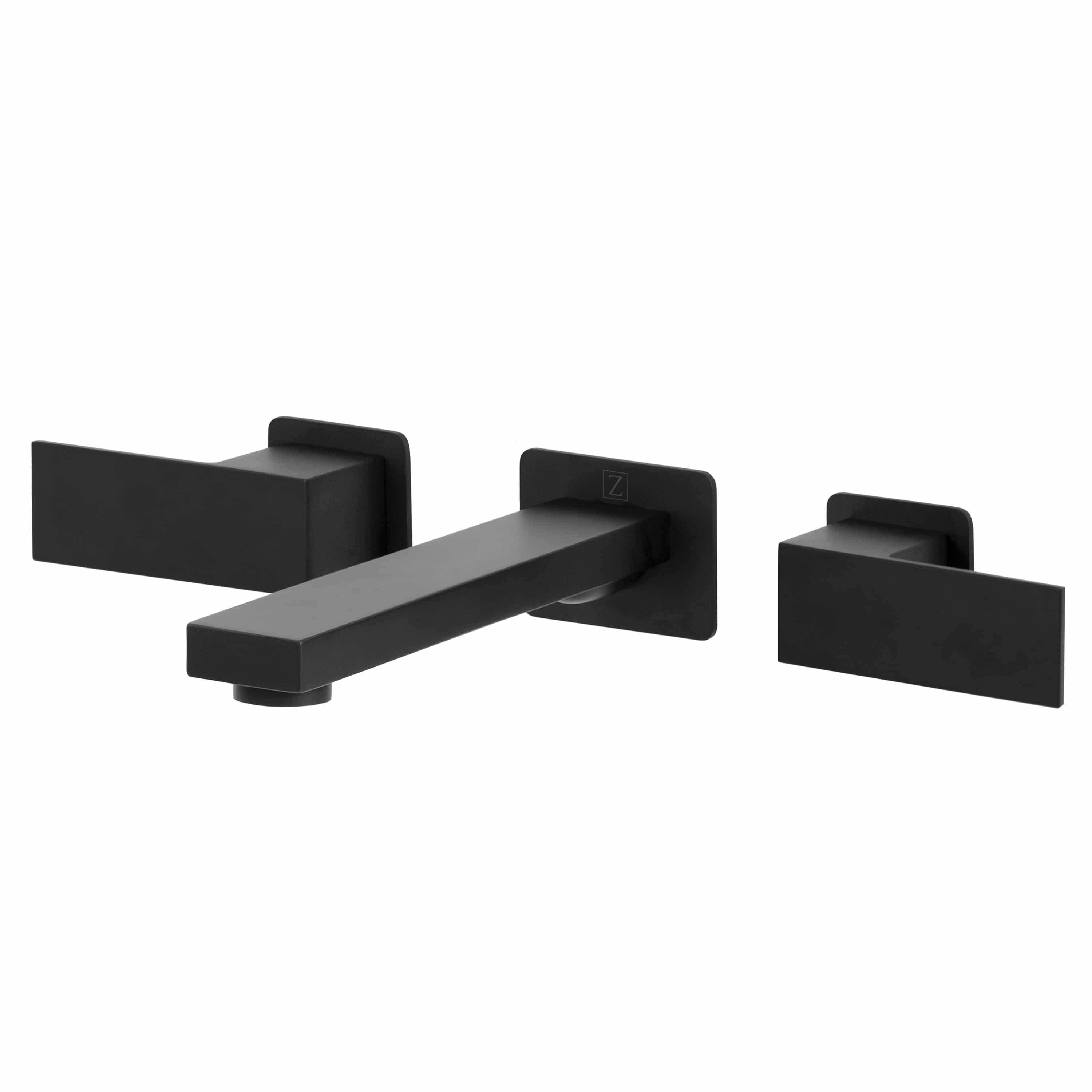 Matte black wall-mounted bath faucet with long spout and two side handles