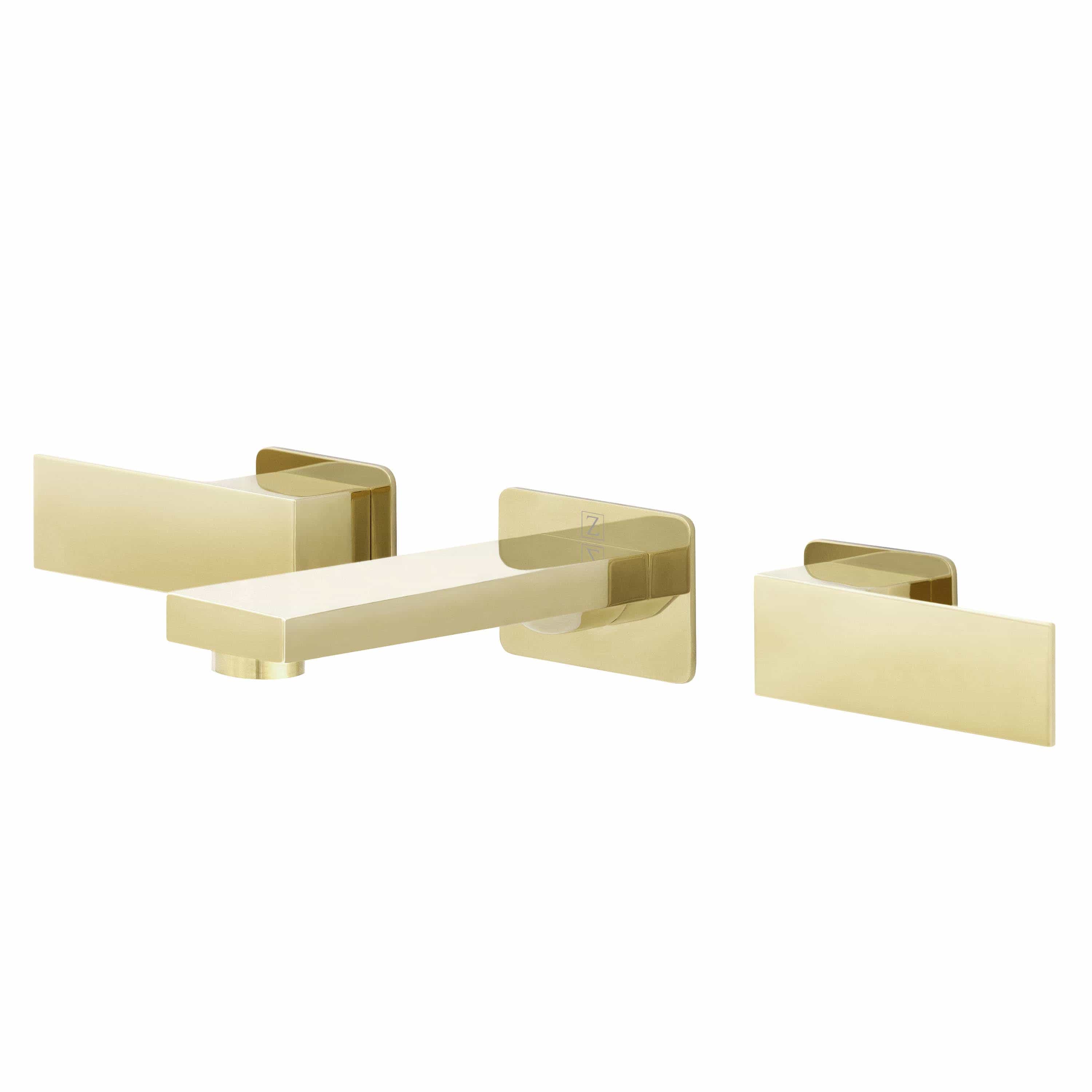 Polished gold wall-mount bath faucet with straight spout and two rectangular handle plates