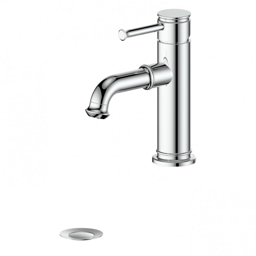Chrome single-handle bath faucet with curved spout and round base, close-up