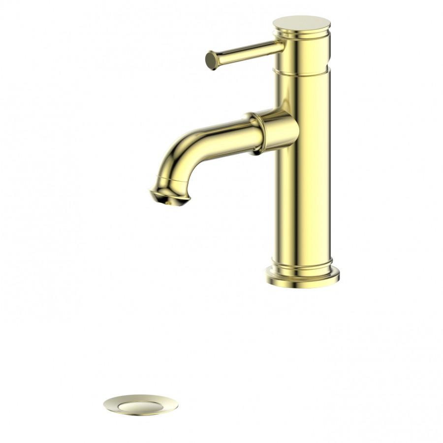 Polished gold tall single-handle bath faucet with matching escutcheon plate