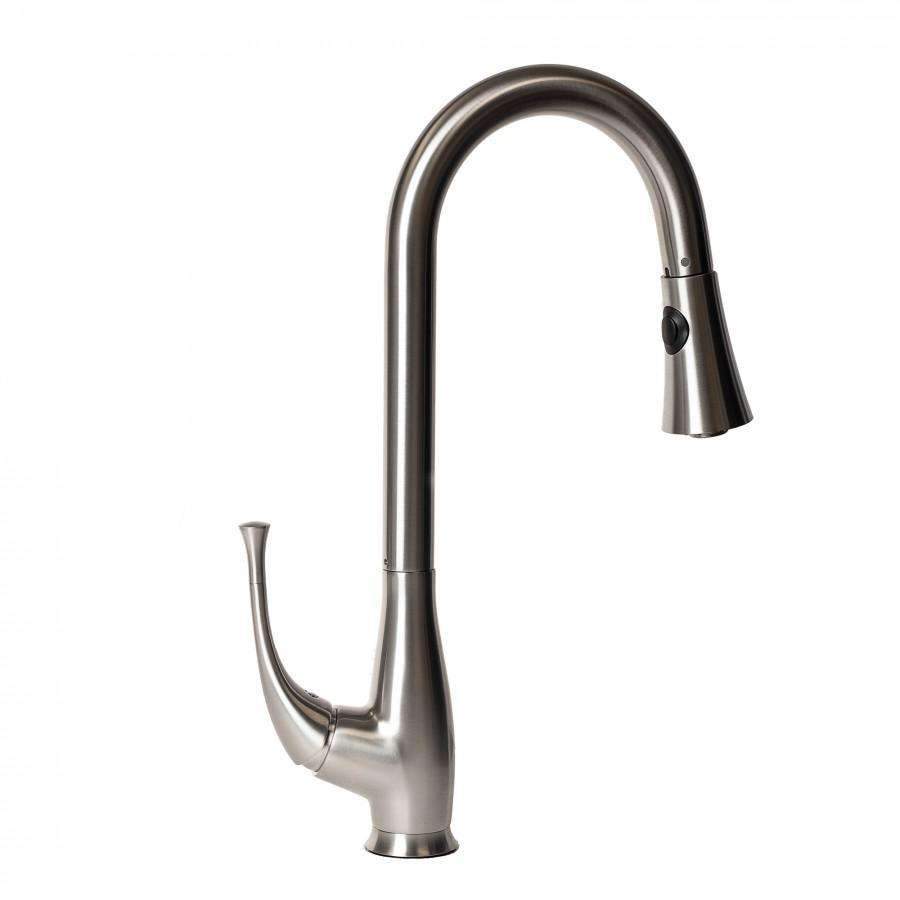 Brushed nickel kitchen faucet with tall curved spout and side sprayer