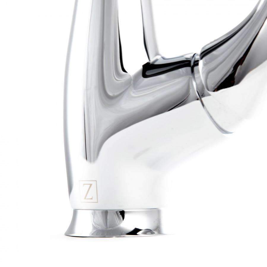 Chrome faucet spout and handle base with ZLINE mark, glossy curved design