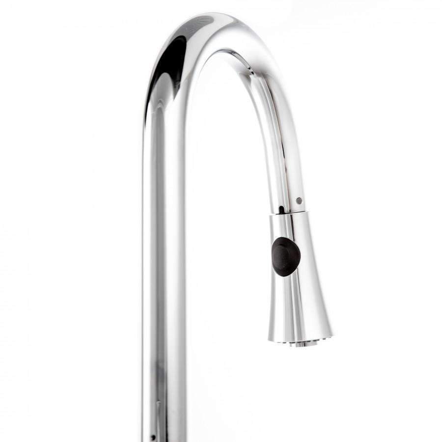 Chrome single-handle kitchen faucet with arched spout and black aerator head