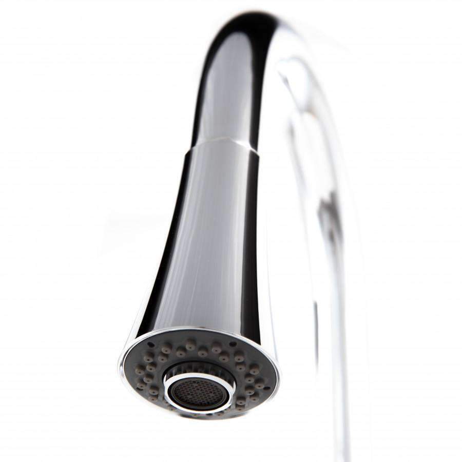 Chrome faucet aerator head with multiple spray holes, close-up