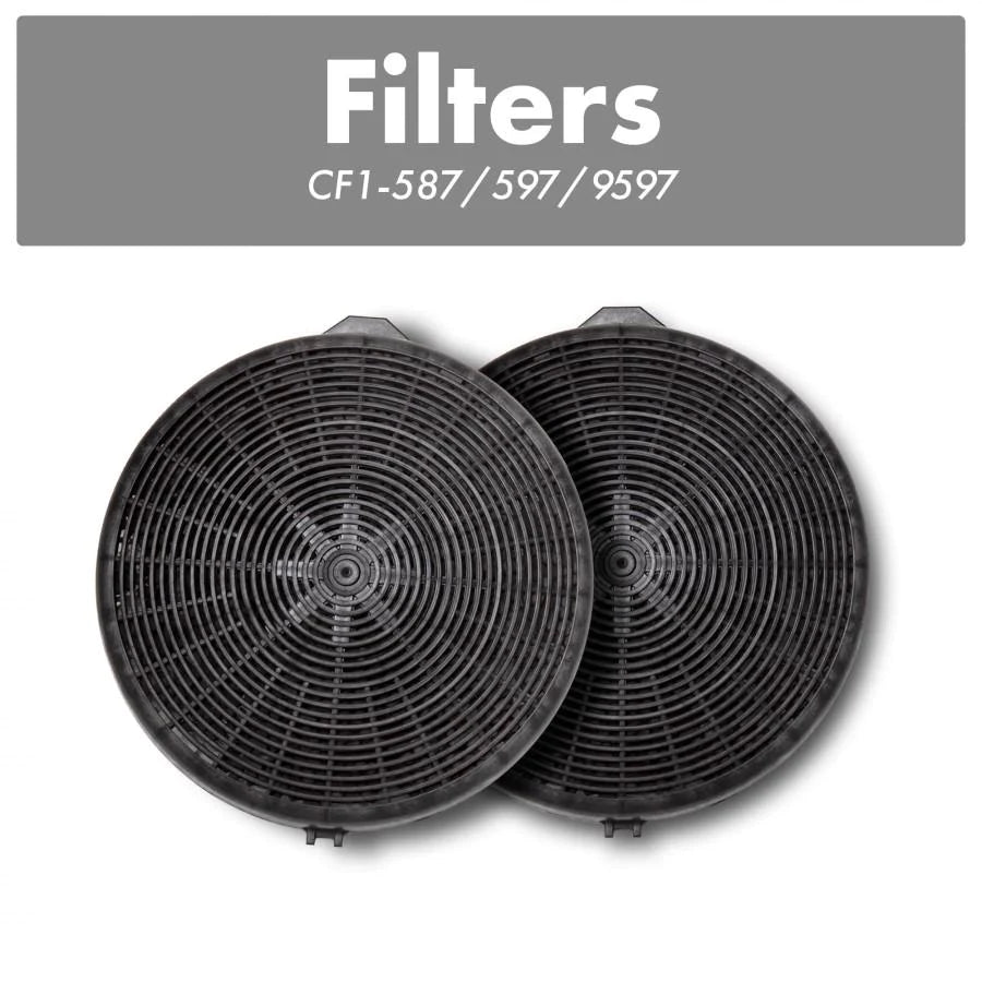 Set of 2 round charcoal replacement filters with black wire grille and center caps