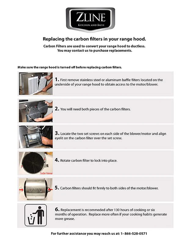 Instruction diagram for replacing charcoal filters on a range hood motor/blower
